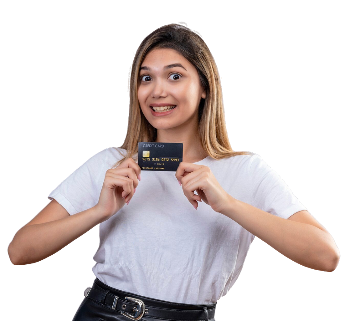 Hero image - woman smiling and holding credit card